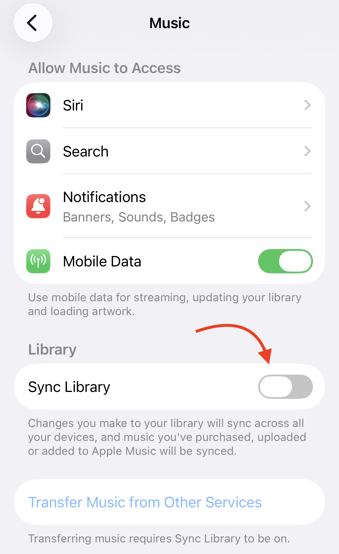 iOS Settings → Music screen showing the Sync Library toggle in the off position