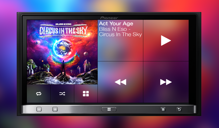 Stezza running on a Pioneer AppRadio head unit, showing album art alongside large playback controls