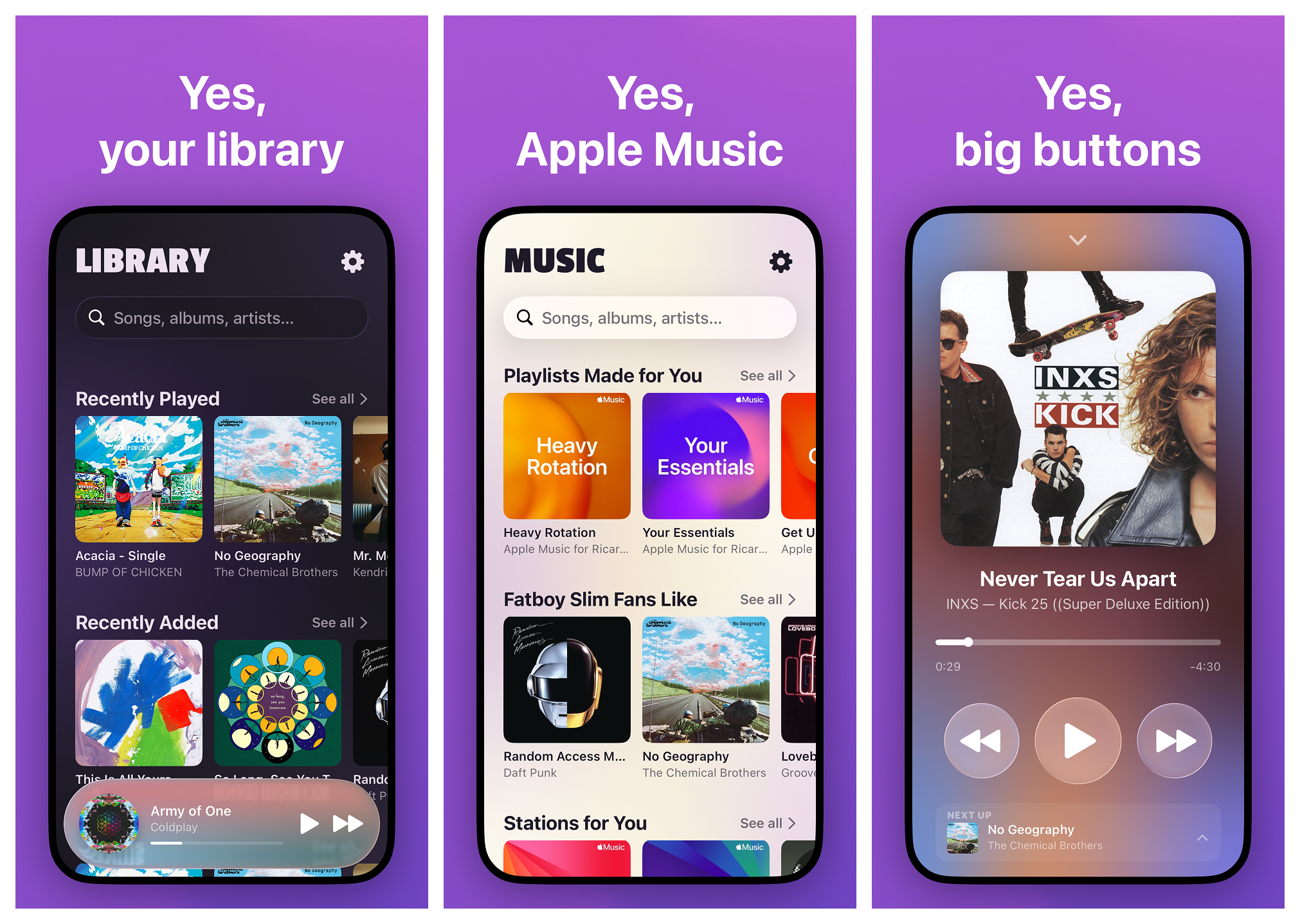 Three iPhones showing Stezza 3.0's Liquid Glass redesign: library, full-screen player and artist page